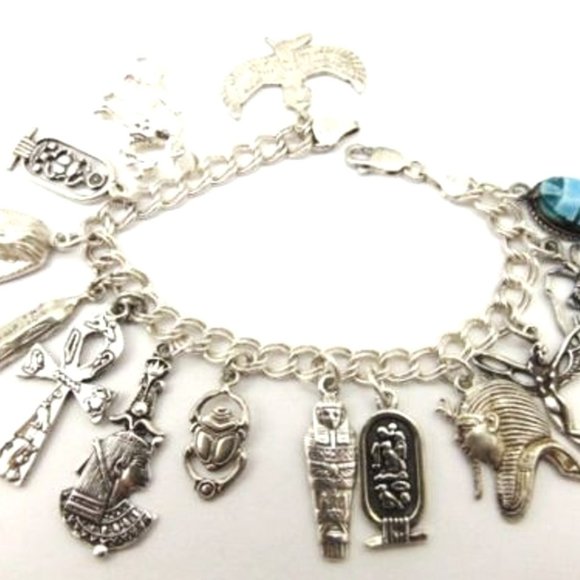 Sterling Egyptian Charm Bracelet Ankh Tut Isis Mummy Camel...
